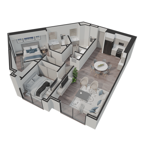 A 3D rendered image of a modern apartment layout.